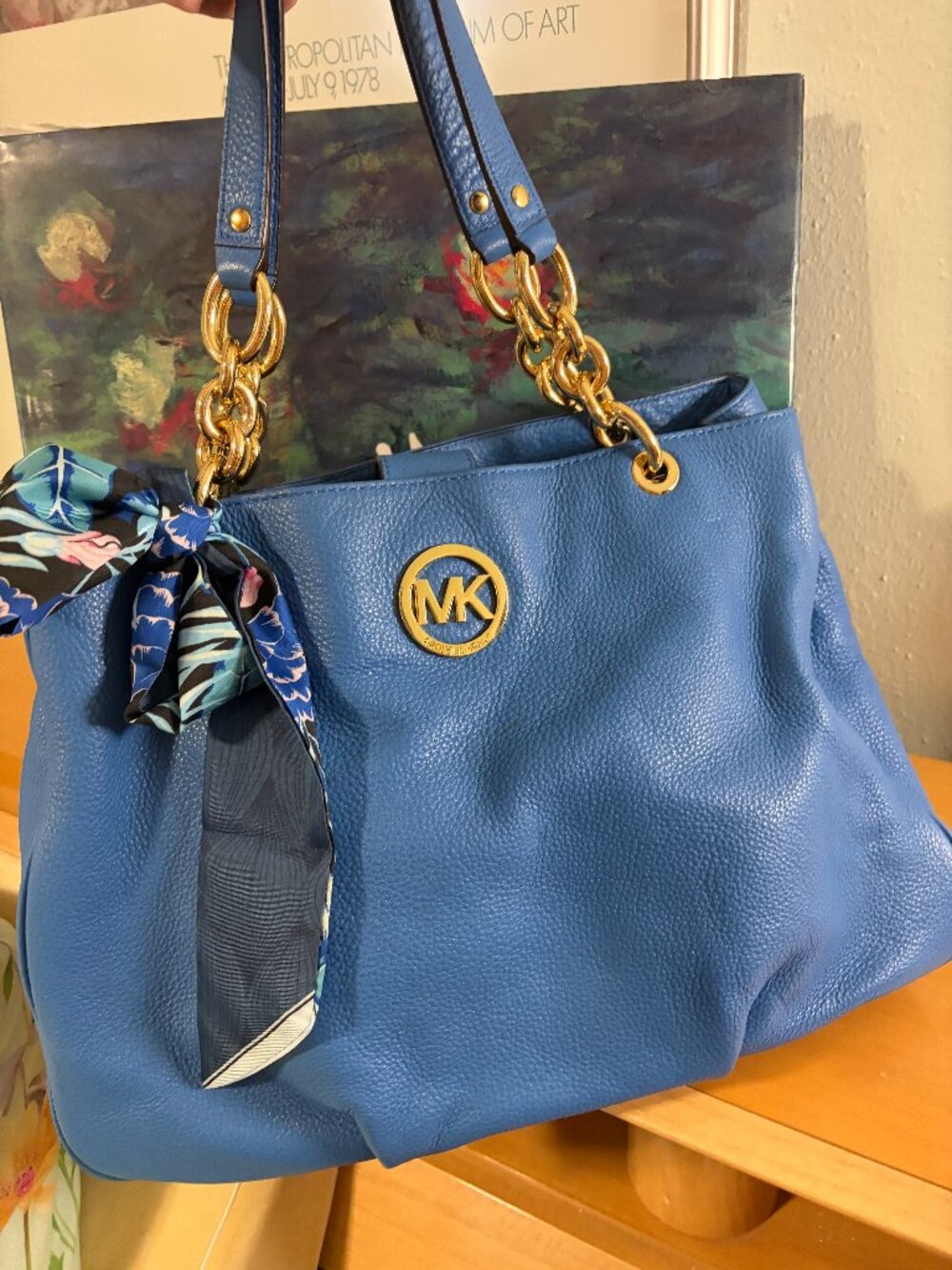 Michael Kors Fulton Large Chain Shoulder Tote Blue NWOT